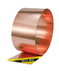 Copper Flashing Sheet Roll 24 Gauge 6 Inch By 10 Foot For Roofing And DIY Projects Ideal For Counter Flashing Copper Detailing And Contractor Jobs ASTM B152 Pure Copper Grade C11000 displayed in a rolled format, highlighting the smooth surface and labeled packaging.
