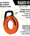 High Flex 75 Foot Tri Strand Polyester Fish Tape For Smooth Electrical Wire Pulling And Super Flexible Guide Line That Slides Through Tight Walls Like A Champ Built Tough, showing protective case and easy grip handle.