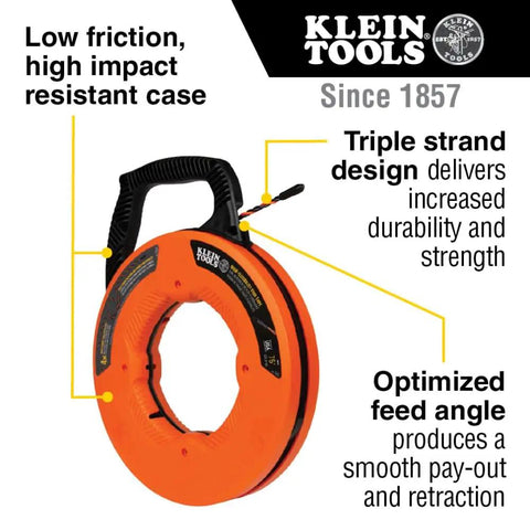 High Flex 75 Foot Tri Strand Polyester Fish Tape For Smooth Electrical Wire Pulling And Super Flexible Guide Line That Slides Through Tight Walls Like A Champ Built Tough, showing protective case and easy grip handle.