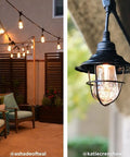 48 Ft Soft Warm White Outdoor String Lights With Shatterproof Acrylic Bulbs illuminating a cozy patio with seating.