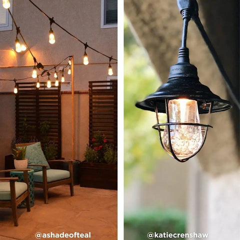 48 Ft Soft Warm White Outdoor String Lights With Shatterproof Acrylic Bulbs illuminating a cozy patio with seating.