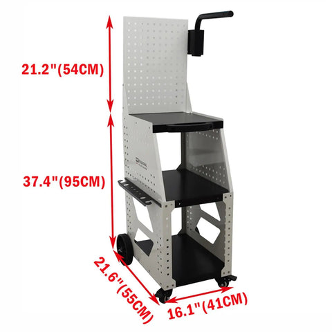 Storage cart for Beefy Steel And Aluminum Dent Pulling Machine with handle, wheels, and pegboard design, dimensions labeled