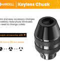 HARDSELL keyless chuck for rotary tools, accepts 1/32 to 1/8 inch shanks, allows quick accessory changes.
