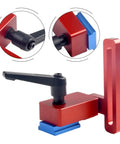 Premium Woodworking T-Slot Stop Limiter With High Accuracy Aluminum Alloy Construction To Nail Exact Chute Lengths And Crush Repeatable Cuts On Standard 30mm Tracks Every Single Time, featuring red aluminum body and black lever.