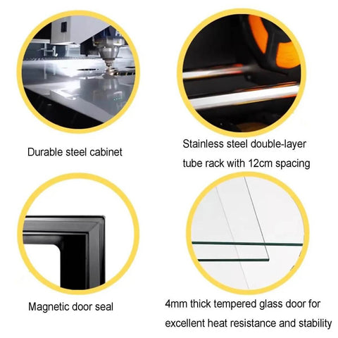 Features of All In One 70L Filament Dryer Box For 3D Printing Auto Humidity Sensor Dehumidify With PTC Heating, steel cabinet, and glass door