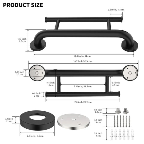 Rock Solid Oil Rubbed Black Grab Bar With Towel Holder For Bathtub And Shower Durable 304 Stainless Steel dimensions and installation parts.