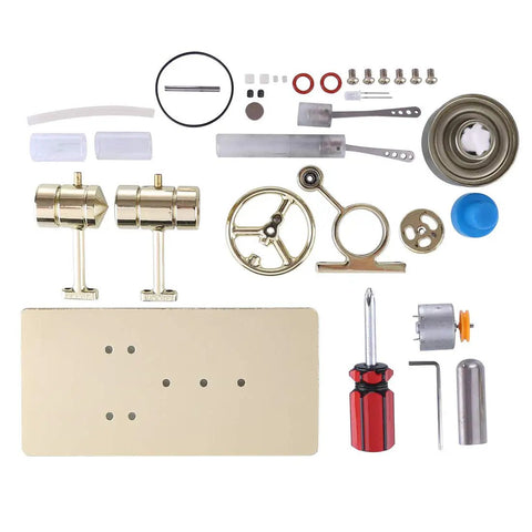 Stirling Engine Kit DIY Assembly Hands On Generator Model For Physical Experiments Premium Metal Build With Golden Finish Easy To Assemble Educational Toy For Makers And Students parts laid out