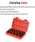 Open red case with Beast Mode Half Inch Drive Shallow 6-Point Impact Socket Set, 17-piece, dual marked, 8-24 mm.