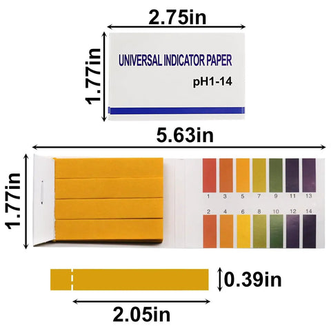 2-Pack pH Test Strips With 160 Total Strips, Universal 1-14 pH Range Litmus Paper, packaging dimensions and strip size shown