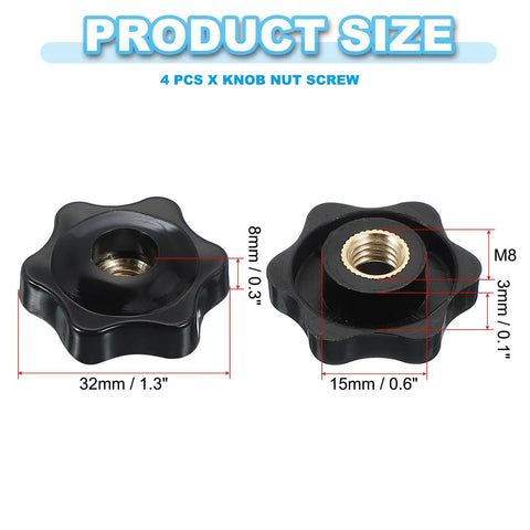 M8 Black Star Hand Knobs 32Mm Through Hole Brass Insert Screw On Clamping Handles 4 Pack with size measurements