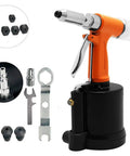 Votoer Air Rivet Gun Hydraulic Pneumatic Riveter Tool Set With One Hand Operation featuring metal nose pieces and accessories.