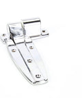 Flush Hinge 1245-000028 Chrome OEM Replacement for Commercial Kitchen Equipment, shiny metal with screw holes, side view