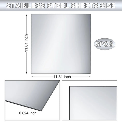 Gisafai 5-pack 304 stainless steel sheets, 11.81 x 11.81 in, 0.016 in thick, mirror finish.