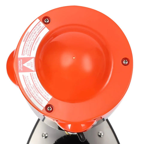 Top view of No Sweat Electric Commercial Glass Washer Cranks Out Eight Hundred Cups Per Hour with warning labels.