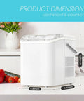 Grab And Go Countertop Ice Maker With Handle Portable Ice Machine Delivers Ice In Six Minutes, white with dimensions shown
