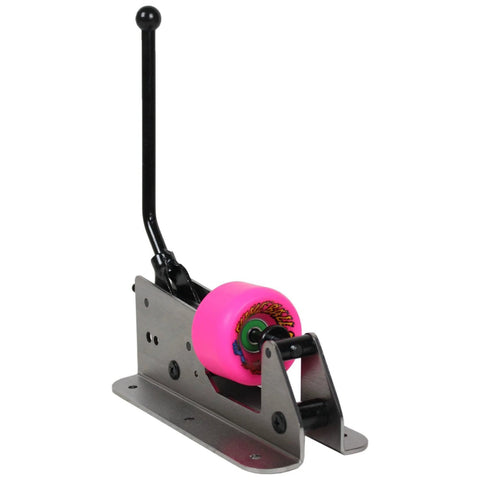 Amphetamine bearing press and puller for skateboards; pink wheel, metal base, long black lever (front view).