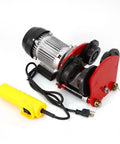 Front view of 1 Ton Electric Trolley for Power Hoist 110V 200W Geared Overhead Crane with heavy duty wheels on red steel frame