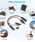 Solar Panel To SAE Adapter With MC4 Connector Extension Cable 10AWG displayed with various compatible applications like RVs and generators.