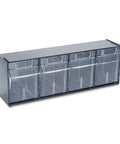 No-Fuss Four Bin Horizontal Tilt Bin Storage System With Interlocking Design, Clear Removable Bins For Quick Visibility, Black Finish
