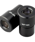 Pro Grade 16X Wide Field Microscope Eyepieces Set, 23mm Mounting Size, Fits 23mm, 30mm, 30.5mm And C Mount With Dual Adapters, Calibration Kit Included For Precise Measurement And Easy Accurate Observations. Black WF16X microscope eyepieces, angled view
