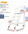 Rock Solid Rolling Warehouse Ladder With Spacious Work Platform And Slick Glide Casters Portable Industrial Step Stool For Adults shown with 4 steps, metal steel, 350kg capacity, white.