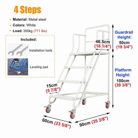 Rock Solid Rolling Warehouse Ladder With Spacious Work Platform And Slick Glide Casters Portable Industrial Step Stool For Adults shown with 4 steps, metal steel, 350kg capacity, white.