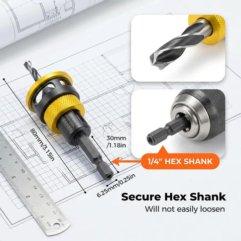 Pro Grade Four Blade Countersink Drill Bit Set With Depth Stop And Aluminum Stop Collar for wood and plastic side view