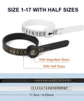 Black and white finger gauges from Pro Grade Ring Sizer Tool Kit With Magnified Glass, 27 Piece Premium Steel Ring Measurement Set