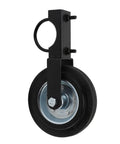 Built Tough 6 Inch Heavy Duty Gate Wheel With Solid Rubber Tire That Won Quit Supporting Up To 500 Lbs On Metal Farm Or Chain Link Fence Fits 1 To 2 Inch Tubes For Relentless Outdoor Duty, showing black metal frame and rubber tire.