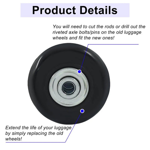 Premium Top Shelf Heavy Duty Rubber Luggage Replacement Wheels 50X18Mm 4 Pack close-up showing core and tread for suitcase repair.