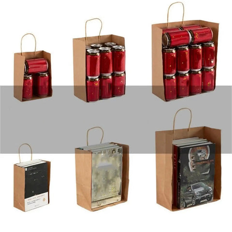 Heavy Duty Brown Kraft Paper Bags Pack Of 60 Thickened Paper Bags For Takeout Haul Grocery Shopping And Party Gifts Ideal For Weddings And Everyday Use Spacious 21x11x27 Cm Bags For Clothes And More displaying various items inside