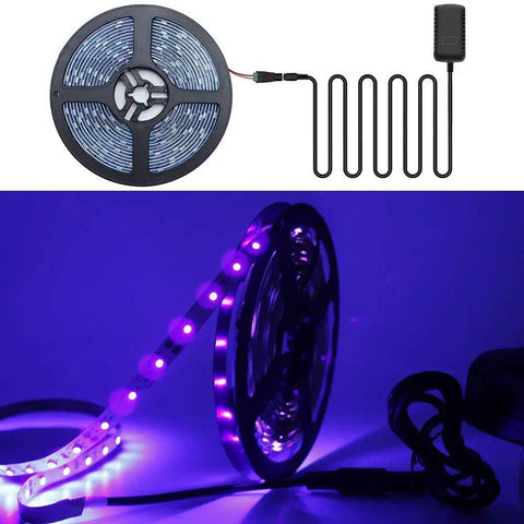 12V 2A LED Power Supply 24W AC To DC Adapter for LED strip lights showing connected setup and glowing purple lights