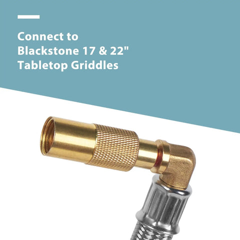 Close-up of connector on Propane Adapter Hose With Regulator For Blackstone 17 And 22 Inch Griddles, Five Foot Braided Hose