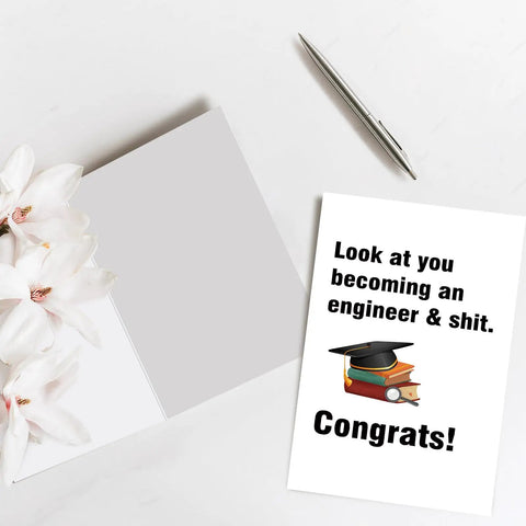 Funny Engineer Graduation Card For The New Grad With Blank Inside For Your Personal Message, open with pen and flowers
