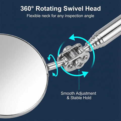 Close-up of Three Piece Stainless Steel Extendable Mechanic Mirror Set With Telescoping Rotating Head Inspection Mirrors swivel head