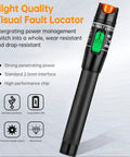 Front view of Moocci visual fault locator fiber optic tester; handheld black metal body with green switch and orange top.