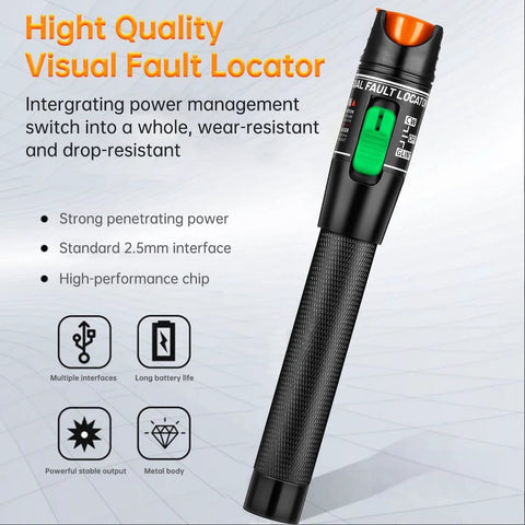 Front view of Moocci visual fault locator fiber optic tester; handheld black metal body with green switch and orange top.