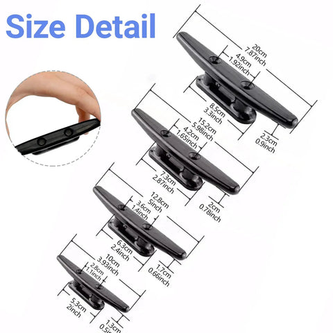 Nylon Boat Cleat 4 Pack 4 Inch Black Marine Cleats With Stainless Steel Screws, size details with hand illustration