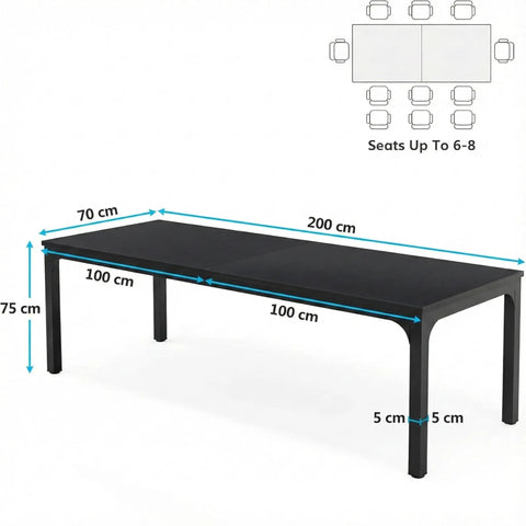 Extra Long Dining Table With Badass Steel Legs, Rectangle Kitchen Table And Dinner Spot Seats The Whole Squad Comfortably, Modern Black Wood Top In 79 By 28 By 30 Inches, Sturdy As Heck setup with dimensions shown on surface.