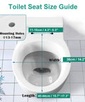 Commercial Round Open Front Toilet Seat With Smooth Soft Close Lid And Rock Solid Quick Release Hinges For No Sweat Cleaning And White Plastic Comfort In Any Professional Setup size guide with width and length measurements.