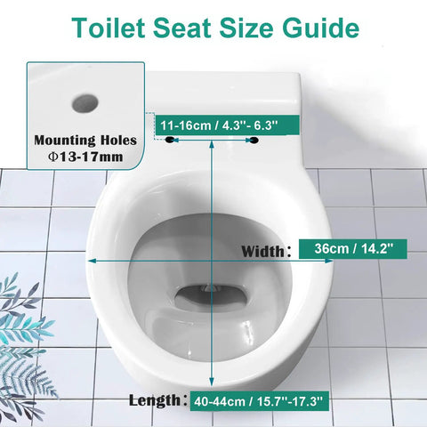 Commercial Round Open Front Toilet Seat With Smooth Soft Close Lid And Rock Solid Quick Release Hinges For No Sweat Cleaning And White Plastic Comfort In Any Professional Setup size guide with width and length measurements.