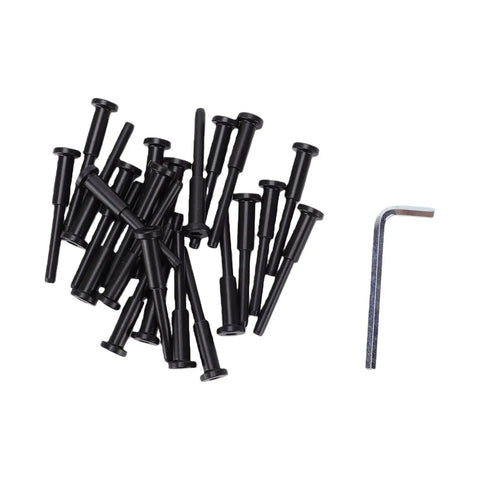 A collection of black oxide screws and an Allen key for the Hardcore Marine Grade 316 Stainless Steel Concealed Cable Railing Kit 1/8 Inch.