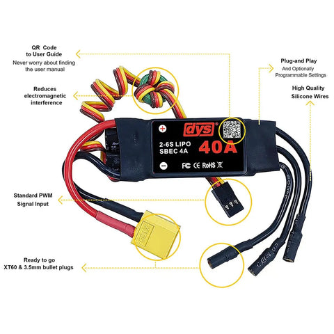 40A Beefed Up Brushless ESC For RC Fixed Wing Aircraft And Helicopter With 5V 4A SBEC XT60 Connector And 3.5mm Plugs Supports 2 To 6S LiPo Packs
