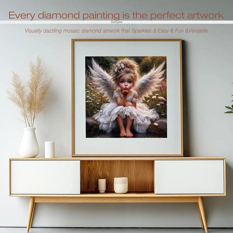 Framed Angel Girl Diamond Art Kit For Adults 5D Diamond Painting Round Full Drill Gem Art Craft Set 12x12 Inch in living room