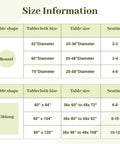 Size information chart for round and oblong tablecloths, showing dimensions, table sizes, and seating capacities.