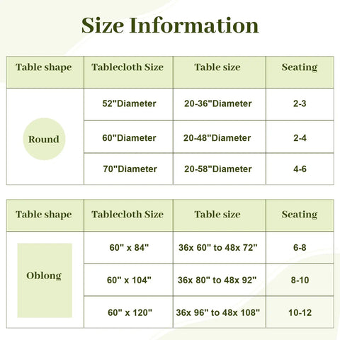 Size information chart for round and oblong tablecloths, showing dimensions, table sizes, and seating capacities.