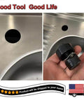 30mm Sheet Metal Punch Tool With Hexagon Hole Cutter used on sink metal sheet, showing clean, burr-free cut hole and tool parts.