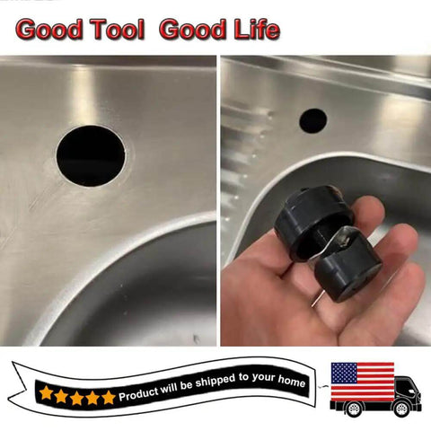 30mm Sheet Metal Punch Tool With Hexagon Hole Cutter used on sink metal sheet, showing clean, burr-free cut hole and tool parts.
