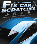 Blue car with text promoting Ultimate Car Scratch Repair Pen For All Vehicles, 2026 Upgraded Quick Paint Touch Up Tool features.