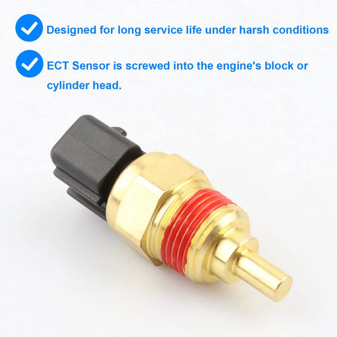 Coolant temperature sensor (ECT) with brass body, red-thread sealant, and black plastic connector.
